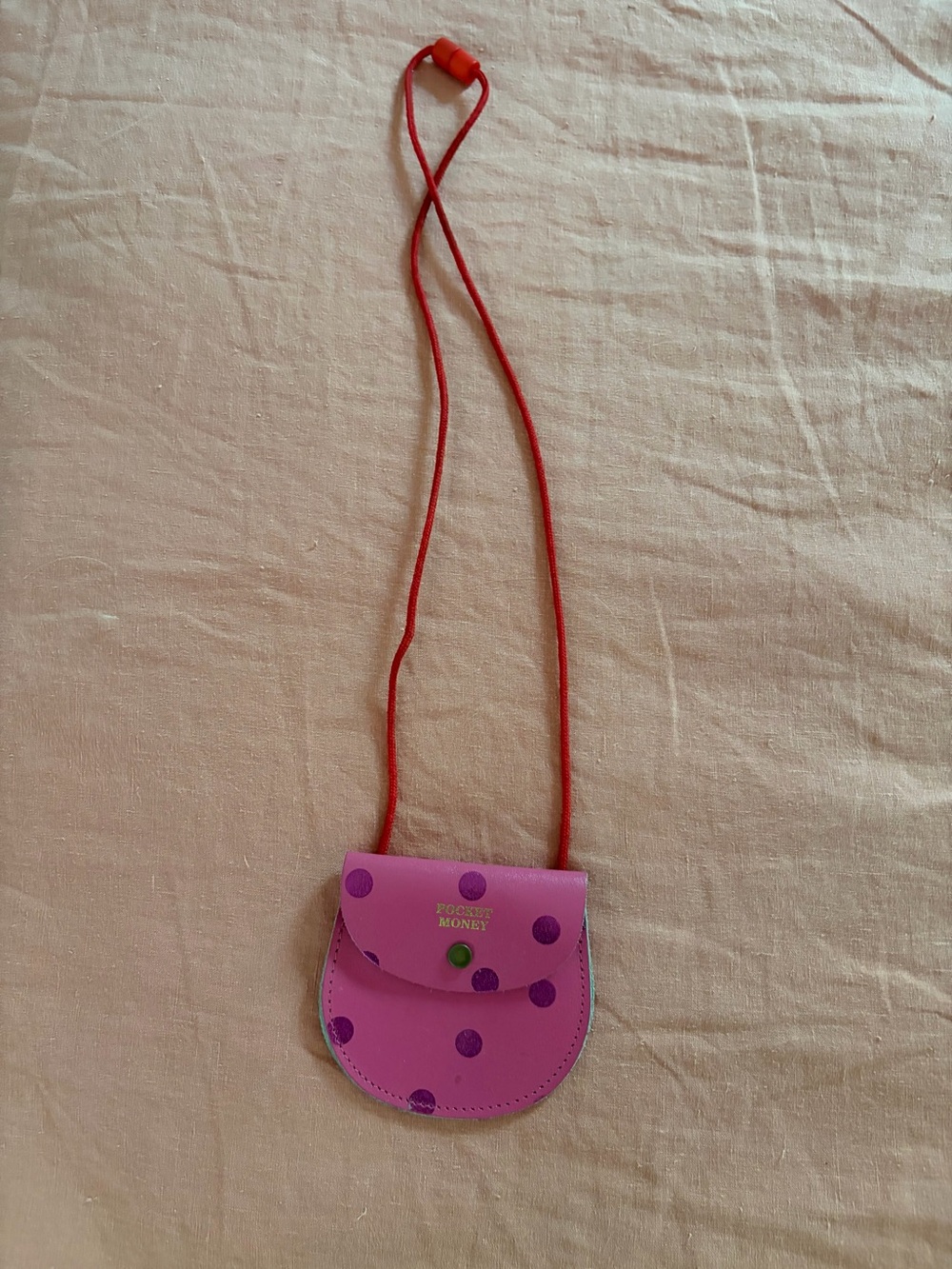 Kids Pink Polka Dot Neck Pouch with Red Cord